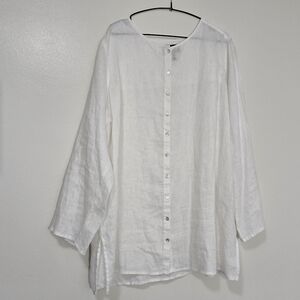 Tahari 100% Linen White Tunic Blouse Button Up Shirt Tab Sleeve Size 2X